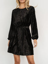 Load image into Gallery viewer, Velvet Round Neck Tie Waist Long Sleeve Mini Dress