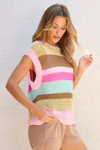 Sydney Color Block Round Neck Cap Sleeve Knit Top