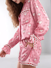 Load image into Gallery viewer, Valentine’s Day Lace Detail Heart Print Collared Neck Top and Shorts Lounge Set