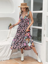 Load image into Gallery viewer, Printed Plunge Mixed Pattern Floral Ikat Sleeveless Midi Dress