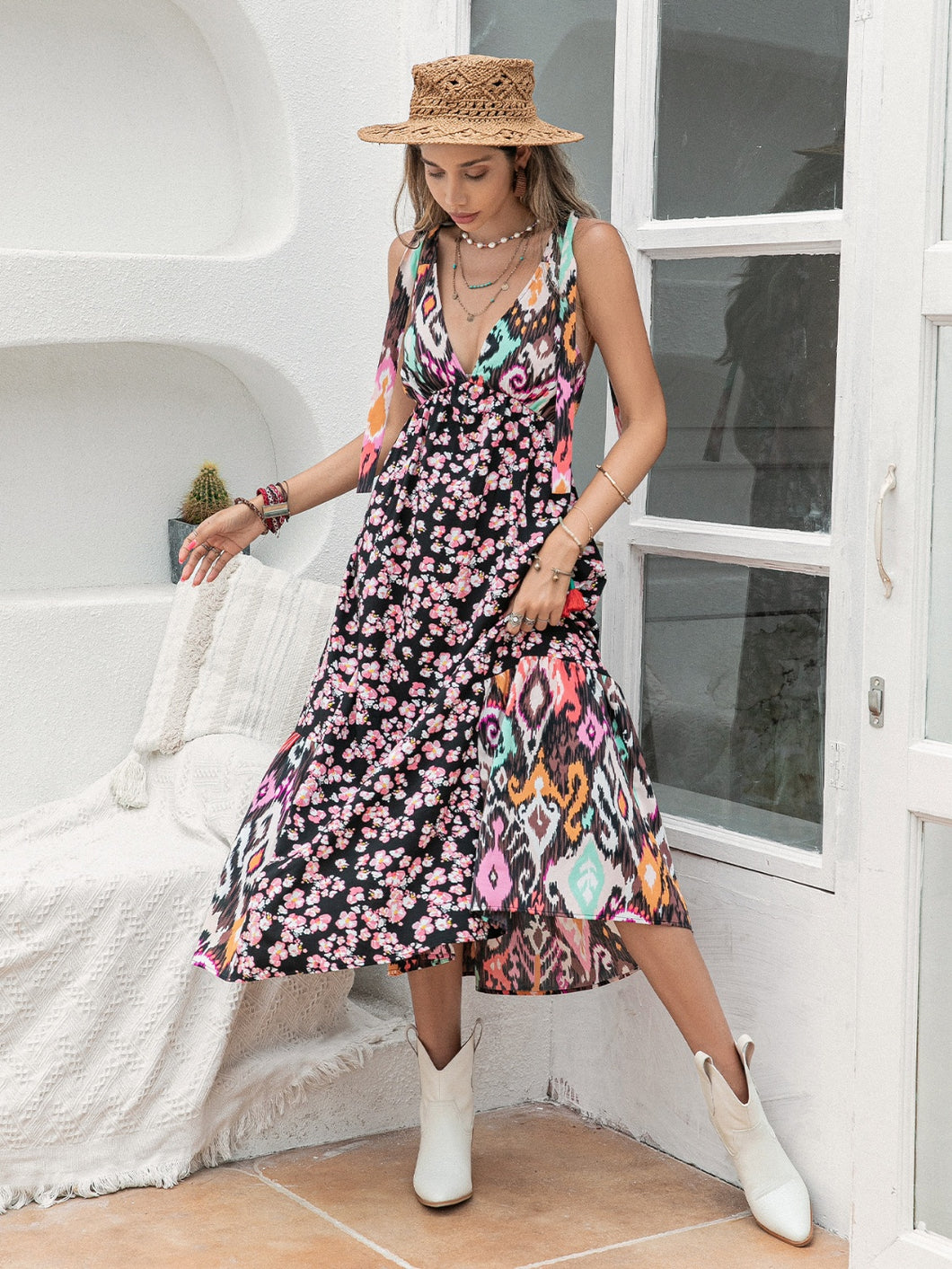 Printed Plunge Mixed Pattern Floral Ikat Sleeveless Midi Dress