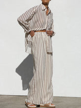 Load image into Gallery viewer, Striped Collared Neck Long Sleeve Top and Pants Set