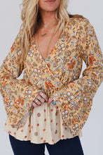 Load image into Gallery viewer, Peplum Printed Surplice Flare Sleeve Blouse