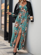 Load image into Gallery viewer, Slit Printed Surplice Long Sleeve Maxi Dress