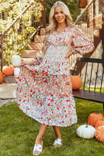 Load image into Gallery viewer, Full Size Printed V-Neck Lantern Sleeve Midi Dress