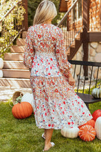 Load image into Gallery viewer, Full Size Printed V-Neck Lantern Sleeve Midi Dress