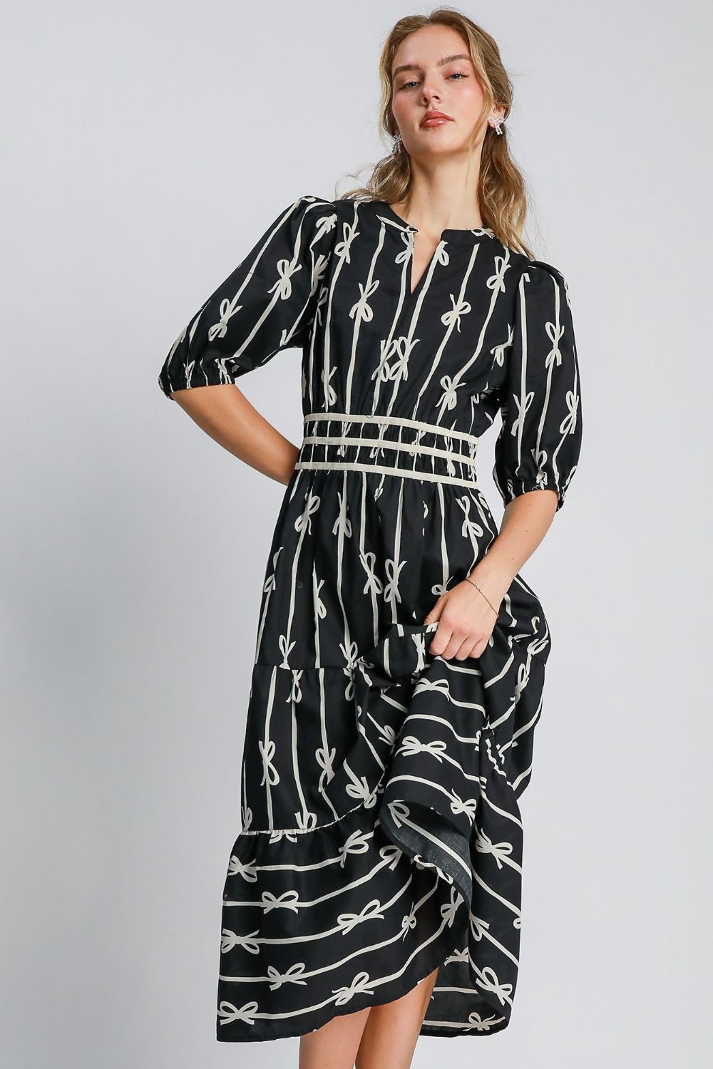 Umgee Bow Tie Print Notched Contrast Velvet Trim Midi Dress