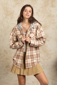 Drawstring Plaid Long Sleeve Hooded Jacket