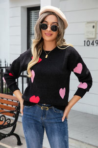 Heart Round Neck Droppped Shoulder Sweater