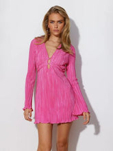 Load image into Gallery viewer, Tied Plunge Flare Sleeve Mini Dress