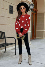 Load image into Gallery viewer, Woven Right Heart Pattern Lantern Sleeve Round Neck Tunic Sweater