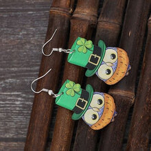 Load image into Gallery viewer, Owl Leprechaun Acrylic Dangle Earrings