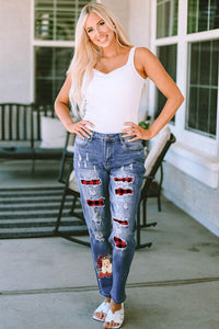 Plaid Distressed Jeans with Pockets