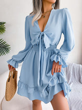 Load image into Gallery viewer, Tie Front Smocked Waist Flounce Sleeve Dress