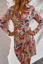 Load image into Gallery viewer, Printed Surplice Neck Long Sleeve Mini Dress