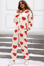 Load image into Gallery viewer, Fuzzy Heart Zip Up Hooded Lounge Jumpsuit