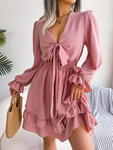 Tie Front Smocked Waist Flounce Sleeve Dress