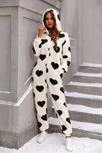 Load image into Gallery viewer, Fuzzy Heart Zip Up Hooded Lounge Jumpsuit