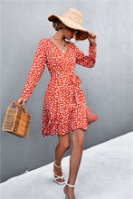 Load image into Gallery viewer, Printed V-Neck Tie Belt Ruffle Hem Mini Dress