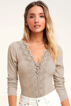 Load image into Gallery viewer, Lace Trim Ribbed Long Sleeve Bodysuit