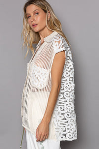 POL Button Down Crochet Patches Knit Vest