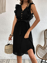 Load image into Gallery viewer, Buttoned Ruffle Trim Belted Pleated Dress