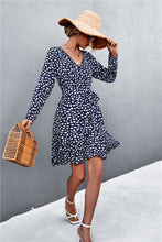 Load image into Gallery viewer, Printed V-Neck Tie Belt Ruffle Hem Mini Dress