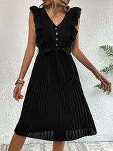 Load image into Gallery viewer, Buttoned Ruffle Trim Belted Pleated Dress