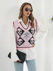 Skull Contrast V-Neck Sweater Vest