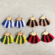 Load image into Gallery viewer, Fringe Detail Football Shape Wooden Dangle Earrings