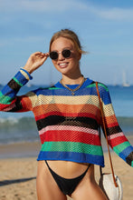 Load image into Gallery viewer, Rainbow Stripe Openwork Long Sleeve Cover-Up